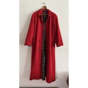 Vintage Ralph Lauren Made In USA Red Wool Long Coat Womens XL Plaid Lined